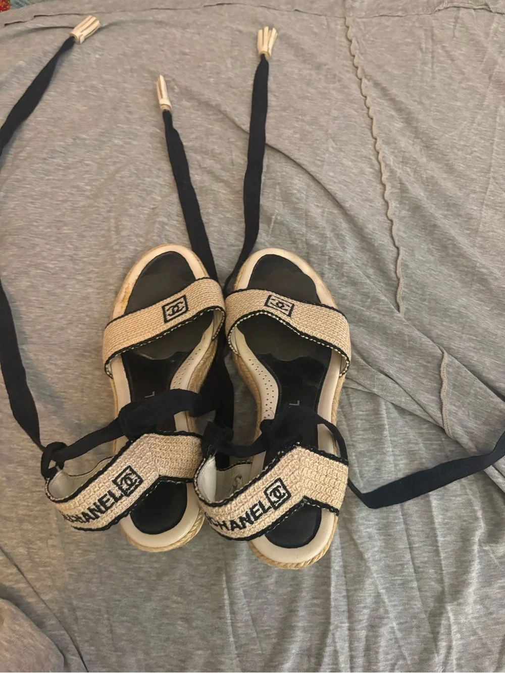 CHANEL Beige and Black Espadrille Lace-Up Sandals